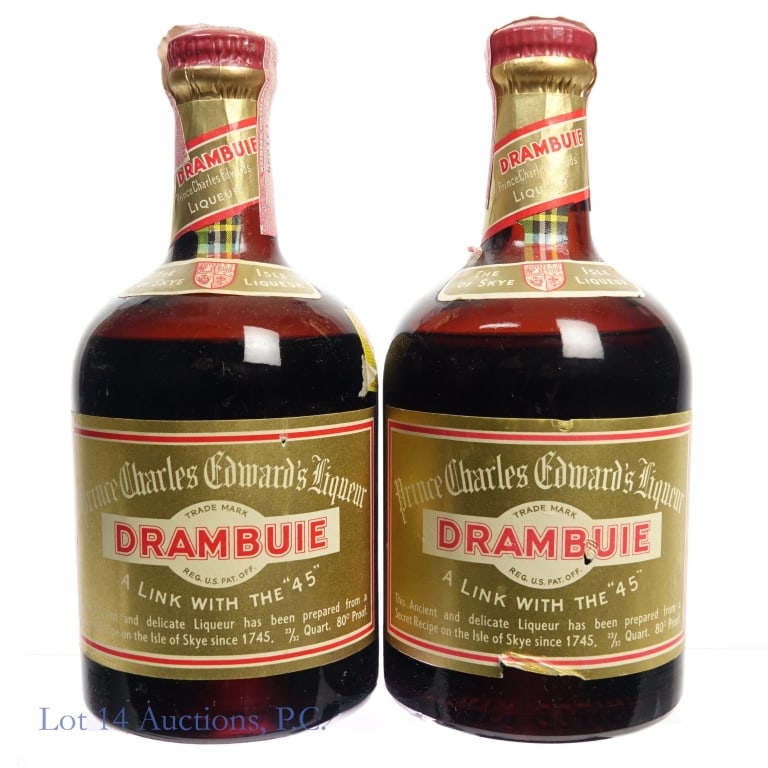 60s/70s Drambuie Liqueur (2, 23/32 Quart): 2 bottles total in this lot. Drambuie Prince Charles Edward's Liqueur, 80 Proof, 23/32 Quart, early 1960s-late 1970s bottling (x2). Tax strips on both bottles intact with little tearing but slightly c