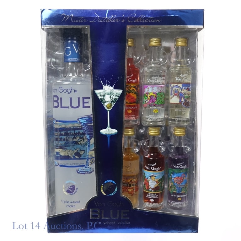 Van Gogh Blue Triple Wheat Vodka Gift Set w/ Minis: 1 bottle and 6 minis total in this lot. Van Gogh Blue Triple Wheat Vodka, 80 Proof, 750 ml. Gift set also contains six minis including 1-Vincent Van Gogh Pomegranate Flavored Vodka Mini, 70 Proof, 50 