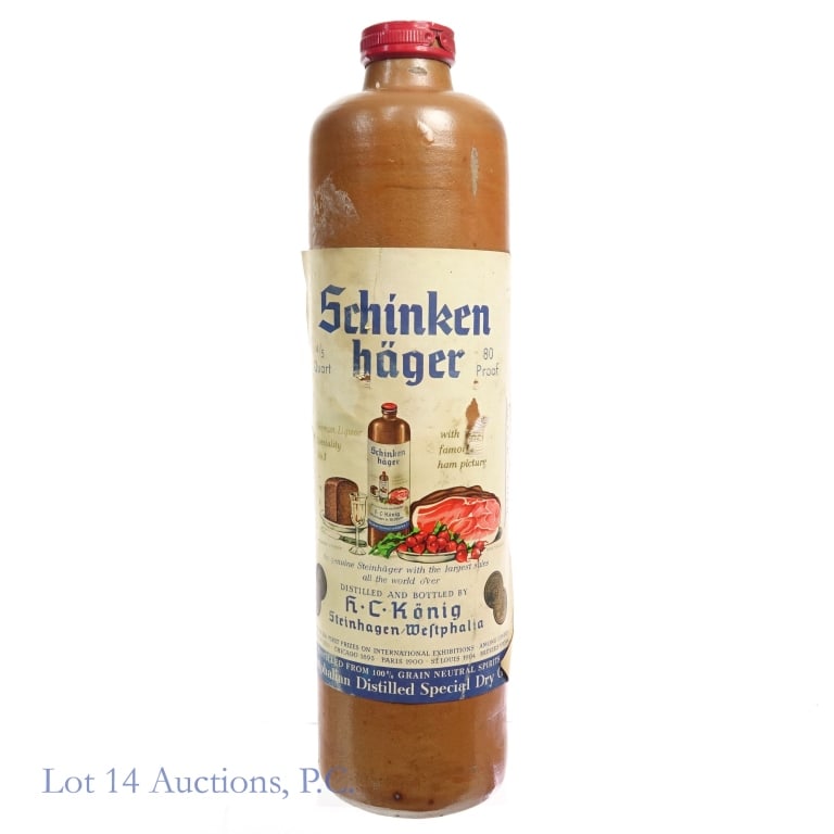 Schinken Hager Gin (4/5 Quart): Schinken Hager Gin, 80 Proof, 4/5 Quart. Product of Germany. Front label torn and peeling, both front and back labels stained.