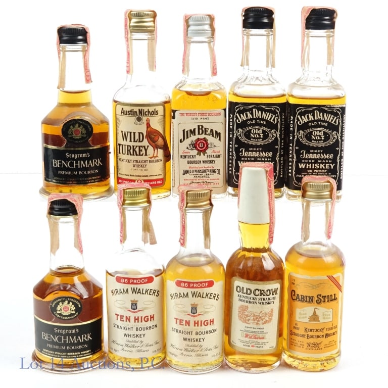 Wild Turkey, Old Crow, Cabin Still & More Minis 10: 10 minis total in this lot including: 1-Wild Turkey 8 Year Austin Nichols Bourbon Mini, early 1940s-1960 tax strip, Fill approximately 0.5" below neck. 2-Cabin Still 5 Year Bourbon Mini, 86 Proof, 1/1