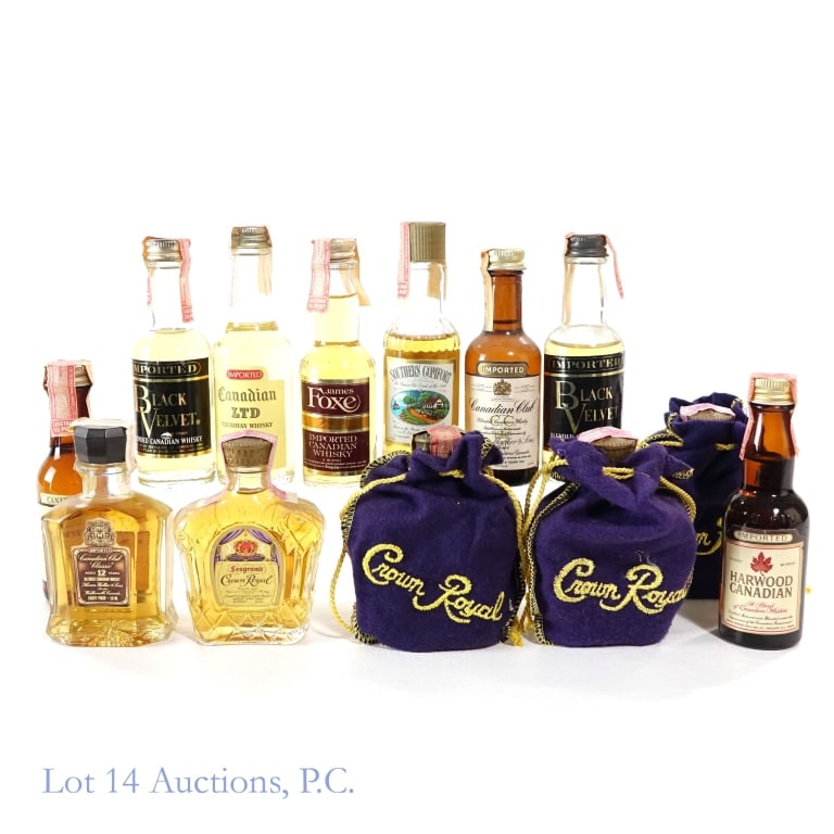 Crown Royal, Seagram's & More Minis (13): 13 minis total in this lot. 1-Crown Royal Fine De Luxe Blended Canadian Whisky Mini, 80 Proof, 1/10 Pint, Distilled: 1964, Bag included. 2-Crown Royal Fine De Luxe Blended Canadian Whisky Mini, 80 Pro