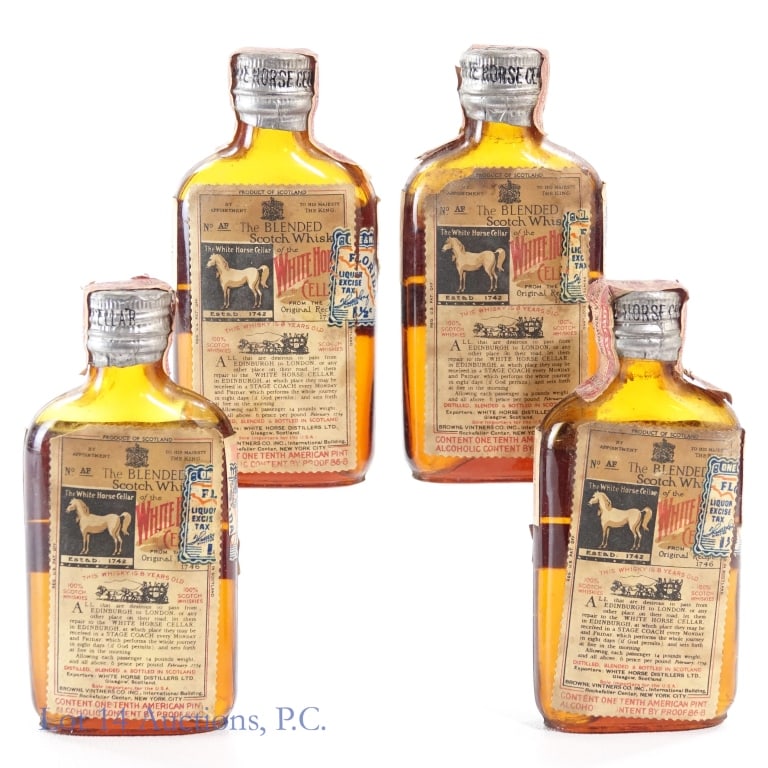 30s/40s White Horse Cellar 8 Year Scotch Minis, 4: 4 minis total in this lot. White Horse Cellar 8 Year Blended Scotch Mini, 86.8 Proof, 1/10 Pint, early 1930s-early 1940s tax strip (x4). Tax strips on all minis badly worn but intact overall and in fa