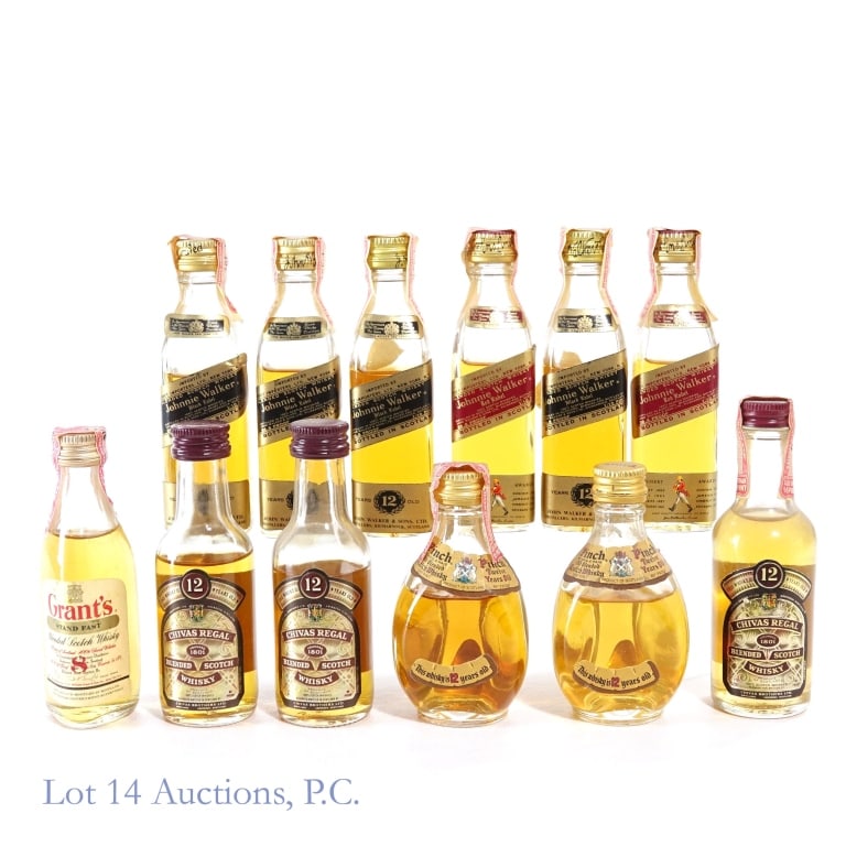 Johnnie Walker, Haig & Haig Pinch & More Minis, 12: 12 minis total in this lot. 1-Johnnie Walker 12 Year Black Label Blended Scotch Mini, 86.8 Proof, 1/10 Pint, 1940s-1960 tax strip (x4). All 4 minis have low fills, lowest fill is approximately 1" belo