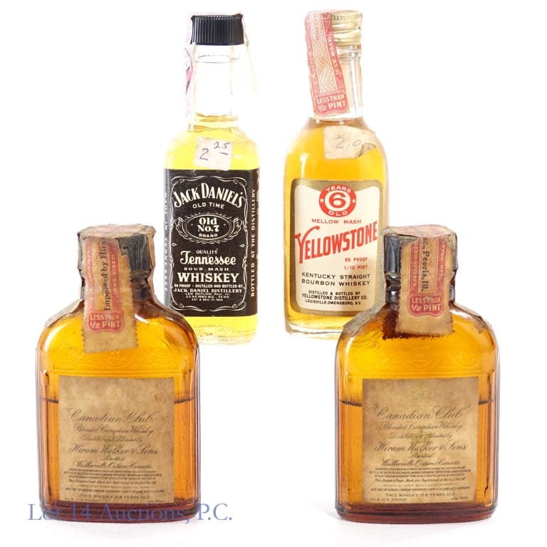 40s/60 Yellowstone, Canadian Club & JD Minis (4): 4 minis total in this lot. 1-Yellowstone 6 Year Bourbon Mini, 86 Proof, 1/10 Pint, early 1940s-1960 bottling. Tax strip in fair condition with little to no tears and only slight peeling. 2-Canadian Cl
