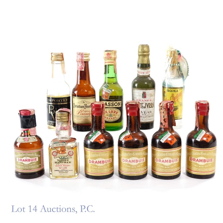 Drambuie, Tequila, Brandy, Scotch & More Minis, 11: 11 minis total in this lot. 1-Drambuie Prince Charles Edward's Liqueur Mini, 80 Proof, 1/10 Pint, early 1940s-1960 tax strip (x4). All 4 minis have varying fill levels but all are over halfway full. 2