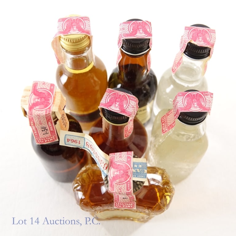 Seagram's Mini Sampler Set (7): 1-Seagram's 7 Crown Blended American Whiskey Mini, 86 Proof, 1/10 Pint, 1940s-1960 tax strip. Tax strip in good condition with little to no tears. 2-Seagram's 6 Year VO Blended Canadian Whisky Mini, 8