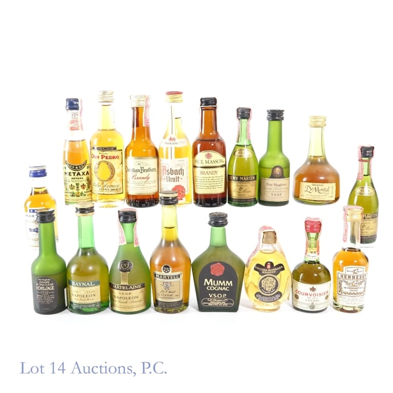 Cognac, Brandy, Armagnac & More Minis (18): 18 minis total in this lot including 1- Remy Martin VSOP Fine Champagne Cognac Mini, 80 Proof, 1/16 Pint, early 1940s-1960 bottling (x2). 2-Hennessy Bras Arme Cognac Mini, 80 Proof, 1/16 Pint, 1940s-1