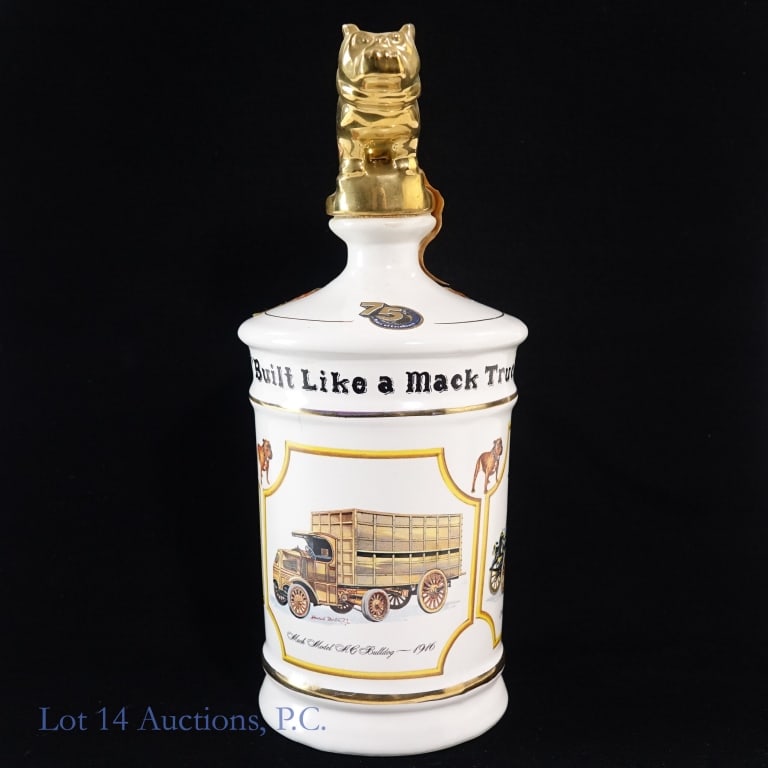 75 Wild Turkey 8 Yr Mack Trucks Bourbon Decanter: Wild Turkey 8 Year Mack Trucks Bourbon Decanter, 101 Proof, 4/5 Quart, commemorating 75th Anniversary of Mack Trucks. Early 1960s-late 1970s tax strip, "1975" written on bottom decanter. Weight of dec
