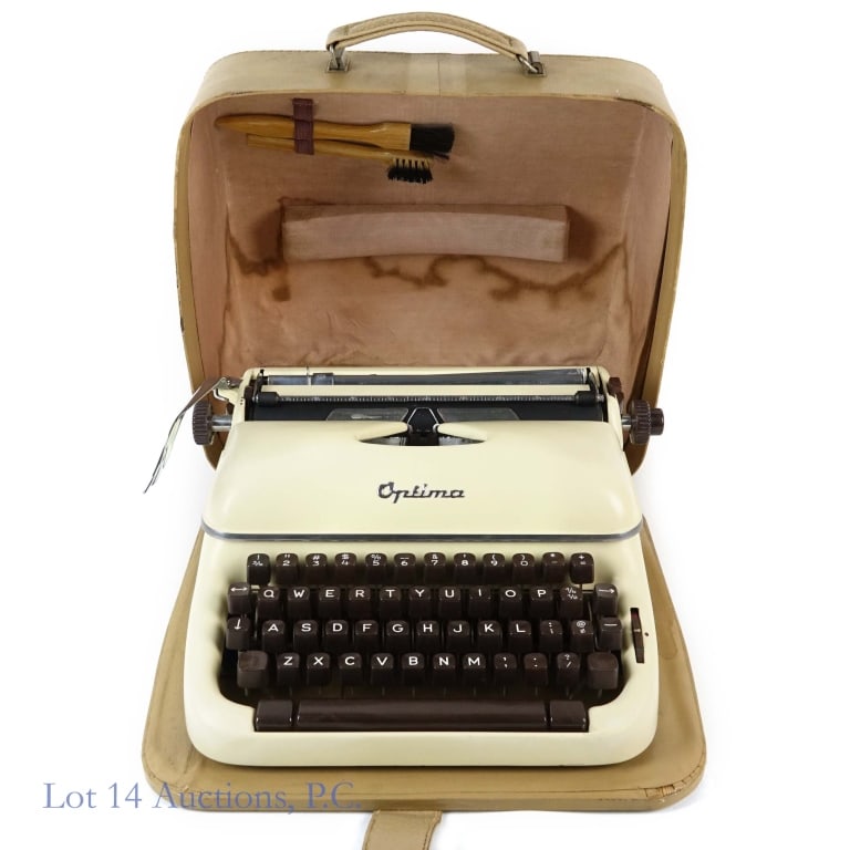 Optima (Germany) Cased Super Typewriter: Optima cased Super Typewriter. Made in Germany. Serial No. 1137829. Includes two brushes. Case has some staining and wear. Appears to work.