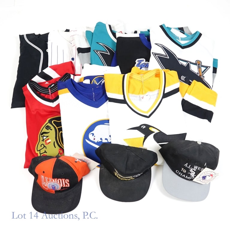 NHL Hockey Baseball Jerseys (9) Caps (3): Collection of hockey and other sports jerseys. There are condition issues: CCM Pittsburgh Penguins jersey (white). Size: L. Staining on front. *** Maska Air-Knit Buffalo Sabres jersey (white). Size: X