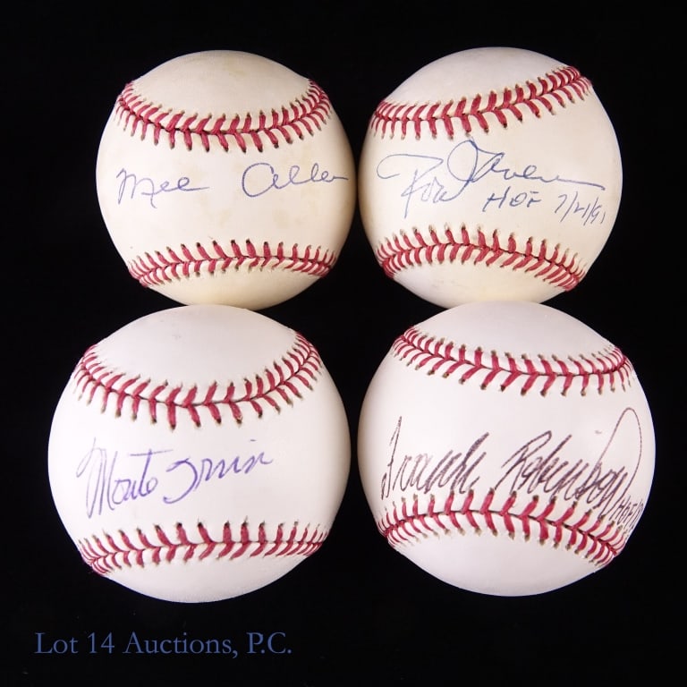 4 HOF Signed Baseballs Robinson, Carew & More: Four single signed baseballs from members in the baseball HOF. Included are the following: Official Major League Baseball (Selig) signed by Frank Robinson with the inscription "HOF 1982" *** Official