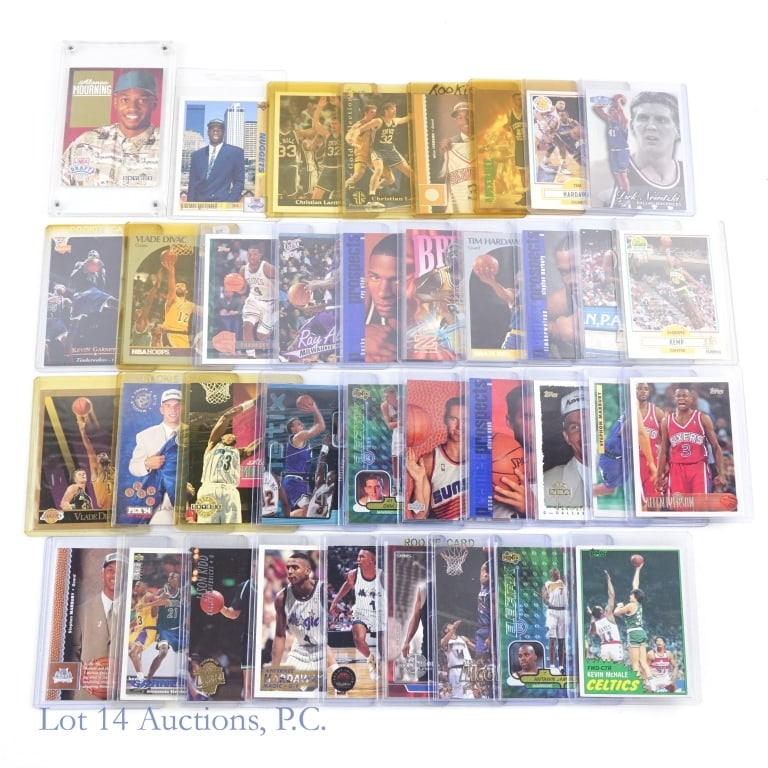 Rookie & Early Basketball Cards (36): 36 rookie or early NBA basketball cards. Various years and manufacturers. Players include: Kobe Bryant (1997 Skybox Z Force #142), Ray Allen, Chauncey Billups, Vlade Divac, Tim Duncan, Kevin Garnett,
