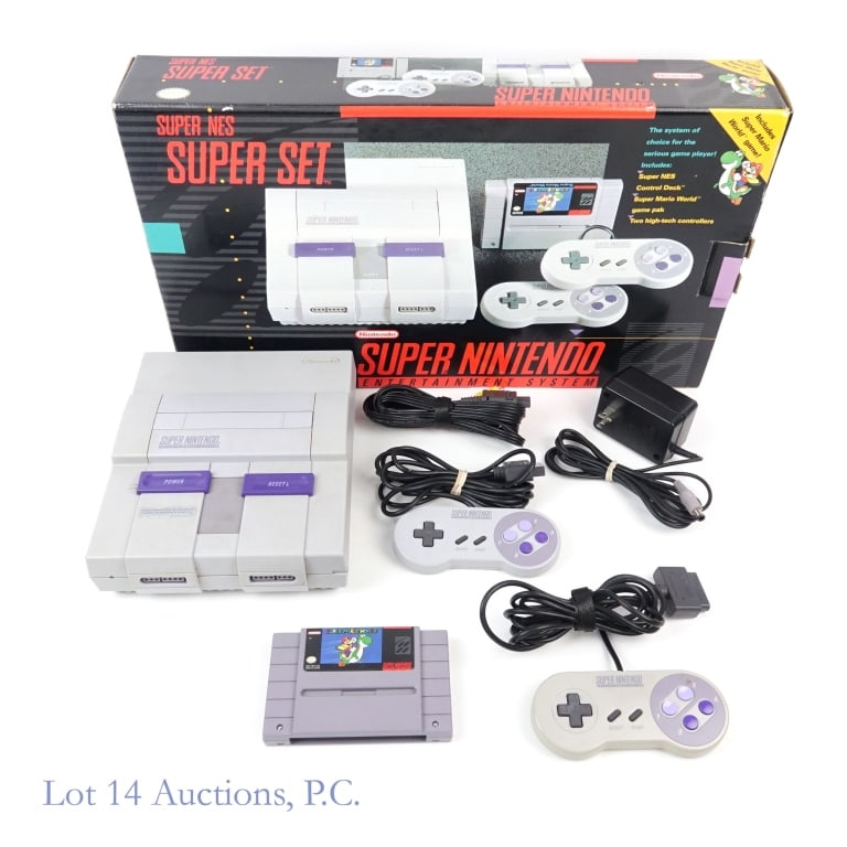 Super Nintendo Super Set (In Box): Super Nintendo Entertainment System Super Set in original box. Includes console, two controllers, power adapter, TV connector cord, and Super Mario World cartridge (no instructions).