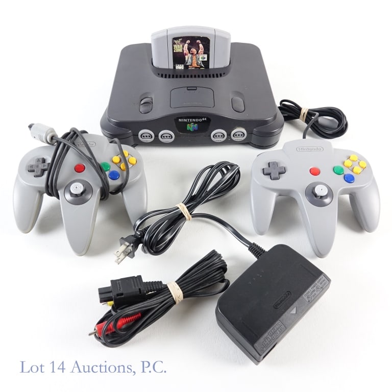 Nintendo 64 Game Console, Cords, Controllers: Nintendo 64 home video game console (NUS-001). Untested. Includes two controllers, power cord, and TV connection cables.