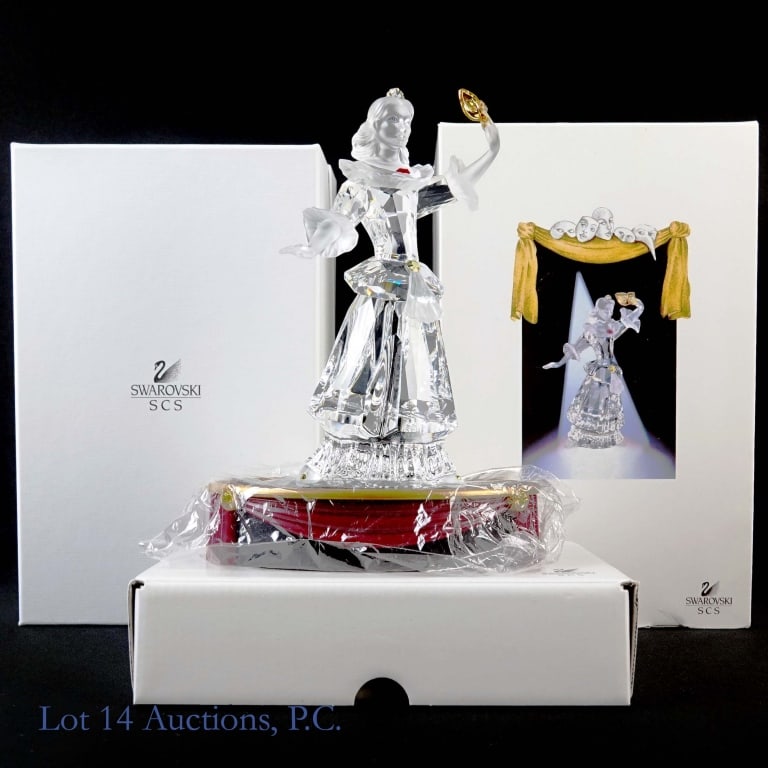2000 Swarovski SCS Masquerade Columbine Figurine: Swarovski Crystal Society (SCS) 2000 Masquerade Columbine figurine. Original box original sleeve and certificate. Approximately 7" tall. Base included in separate original box.