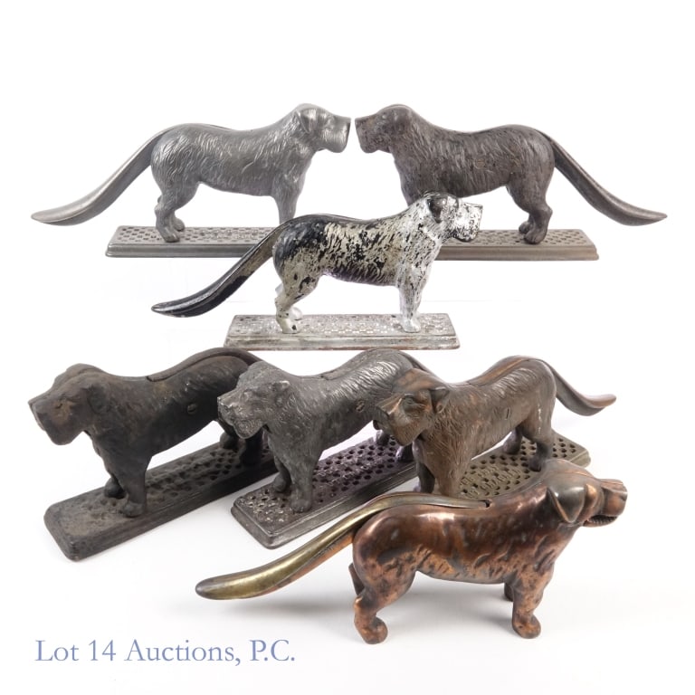 Dog Nutcrackers, Harper Supply, Die Cast (7): Dog Nutcrackers, Harper Supply, Die Cast (7). Lot of nutcracker dogs circa early 1900s. Five (5) 13" x 3" x 6" Dog Nutcrackers with "Harper Supply Co No. Chicago Patd Apld For" on the bottom of the ba
