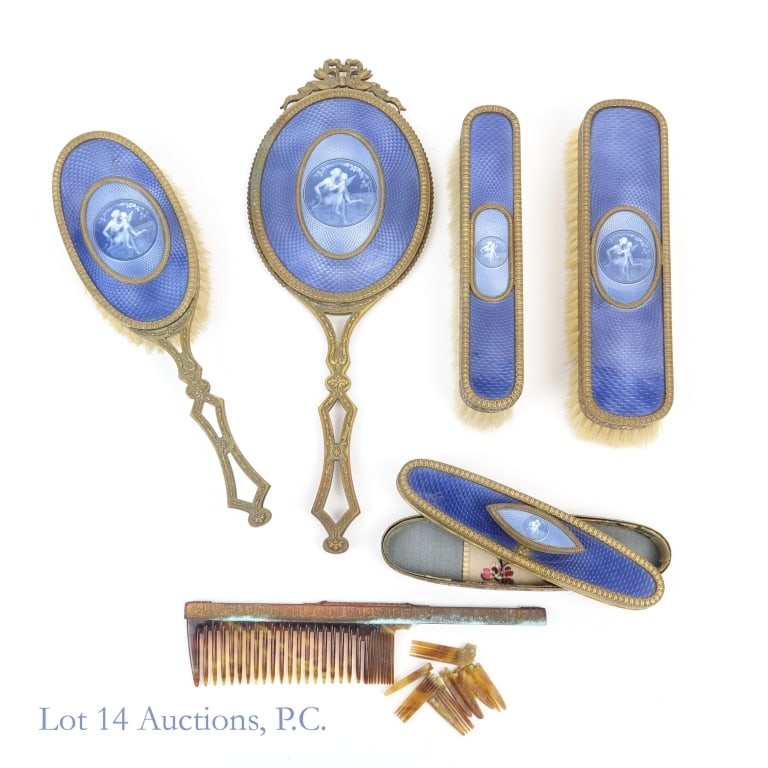 French Bronze d'or Enamel Vanity Set (6 pcs): 6 piece French enamel bronze d'or vanity / grooming set. The comb is in the worst condition, missing about half the teeth with oxidation to the bronze. Hand mirror, hand brush, two long brushes, and b
