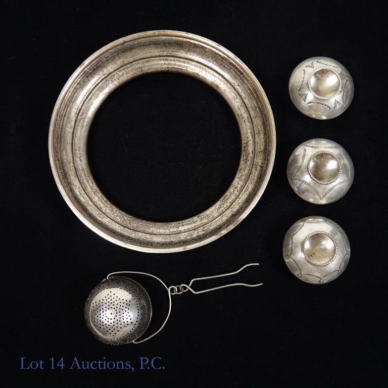 Sterling Silver Salt Cellars, Tea Infuser 5.4ozt: Sterling silver base ring, marked B69 (2.8ozt / 87.7g.), 5.25" outer diameter. 4-3/8" inner diameter. Three sterling silver salt cellars (2ozt / 60.5g total weight of all three). Sterling Silver (90%)
