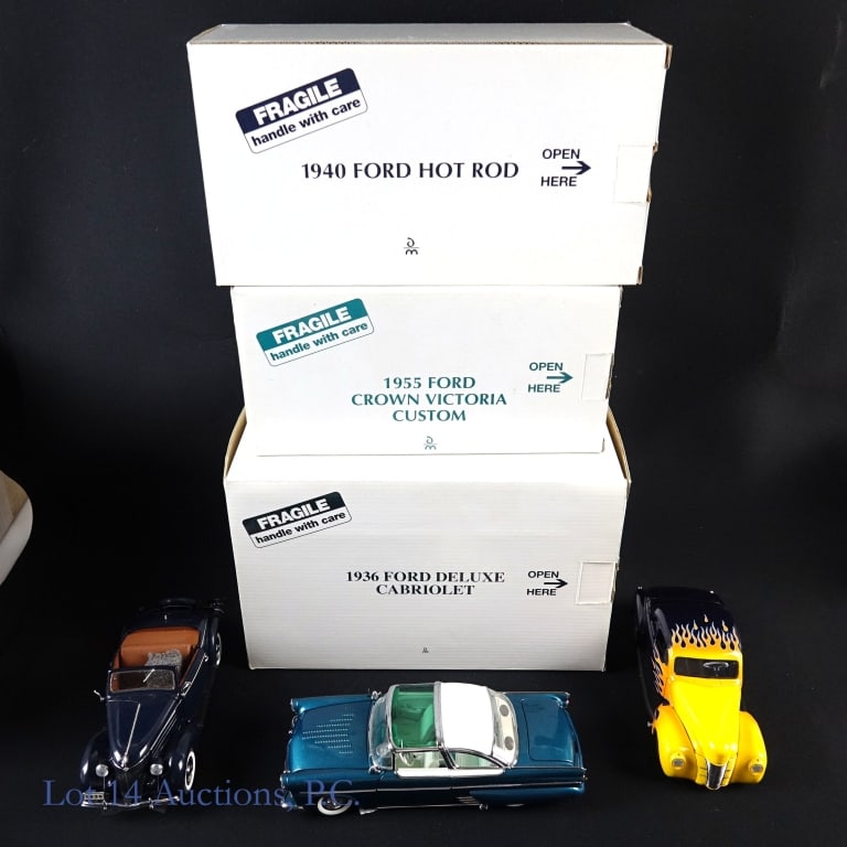 3 Danbury Mint 1/24 Ford Die Cast Models: Nice group of Danbury Mint 1/24 scale die cast models of Ford automobiles. You will find a nicely detailed 1936 Ford DeLuxe Cabriolet, a 1940 Ford Hot Rod, and a 1955 Ford Crown Victoria Custom. All c
