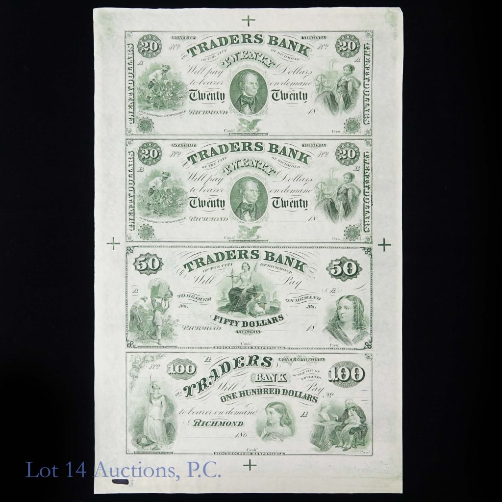 1860 - 1865 Virginia Bank Notes Uncut Sheet: Uncut sheet of 1860 - 1865 U.S. Civil War era State of Virginia - Traders Bank of Virginia (of the City of Richmond) --$20 (2), --$50 (1), and --$100 notes. Per consigner, in mint condition. Numista n