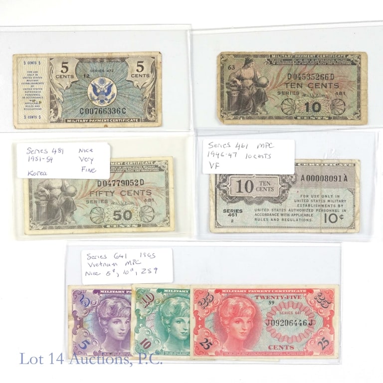 1946 - 1965 United States Military Currencies (7): Seven (7) United States military currencies as follows: ---series 461 1946-47 10 cents; ---series 472 5 cents; ---series 481 1951-54 Korea 10 cents; ---series 481 1951-54 Korea 50 cents; and ---series