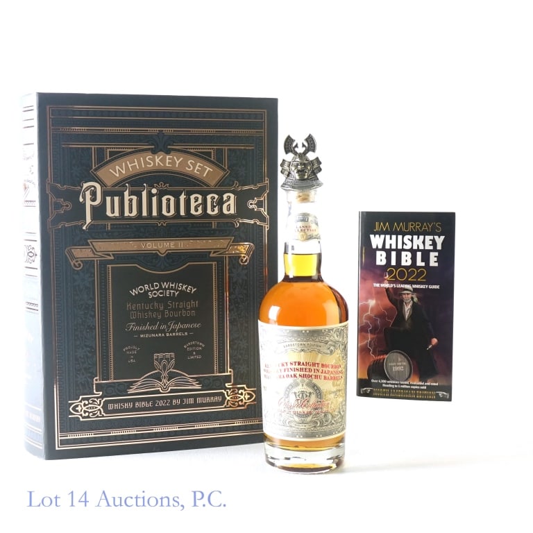 World Whiskey Society Publioteca Whiskey Set Vol 2: World Whiskey Society Bourbon, 104 Proof, 750 ml, Finished in Japanese Mizunara Oak Shochu Barrels, Bardstown Edition, Limited Edition 15, Bottle #387 of 1500 bottles. Set includes "Whiskey Bible 2022