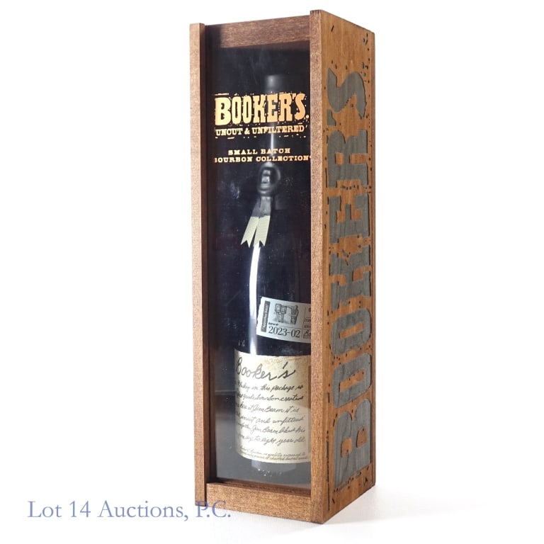 Booker's Small Batch Bourbon (2023-02): Booker's Small Batch Bourbon, Apprentice Batch, 125.5 Proof, 750 ml, Batch #2023-02 Aged: 7 Years, 1 Month, 2 Days, small tear in upper front label, wax seal scratched but not broken or cracked. Woode