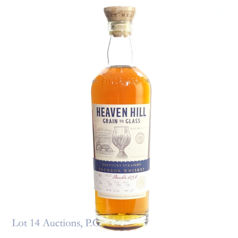 Heaven Hill Grain to Glass Bourbon (2024): Heaven Hill Grain to Glass Bourbon (2024), 107 Proof, 700 ml, Corn Seed Varietal: Beck's 6158. Distilled: 2017, Bottled: 2024.
