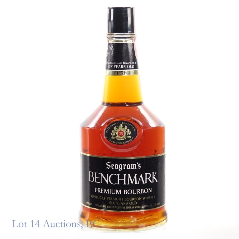 Seagram's Benchmark 6 Year Bourbon: Seagram's Benchmark 6 Year Bourbon, 86 Proof, 4/5 Quart, early 1960s-late 1970s tax strip, "76" glass molding. Tax strip in good condition with little to no tears.