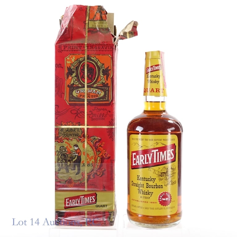 "73" Early Times 4 Year Bourbon (1 Quart): Early Times 4 Year Bourbon, 86 Proof, 1 Quart, early 1960s-late 1970s tax strip "73" glass molding. Tax strip in good condition with little to no tears. Original box included.