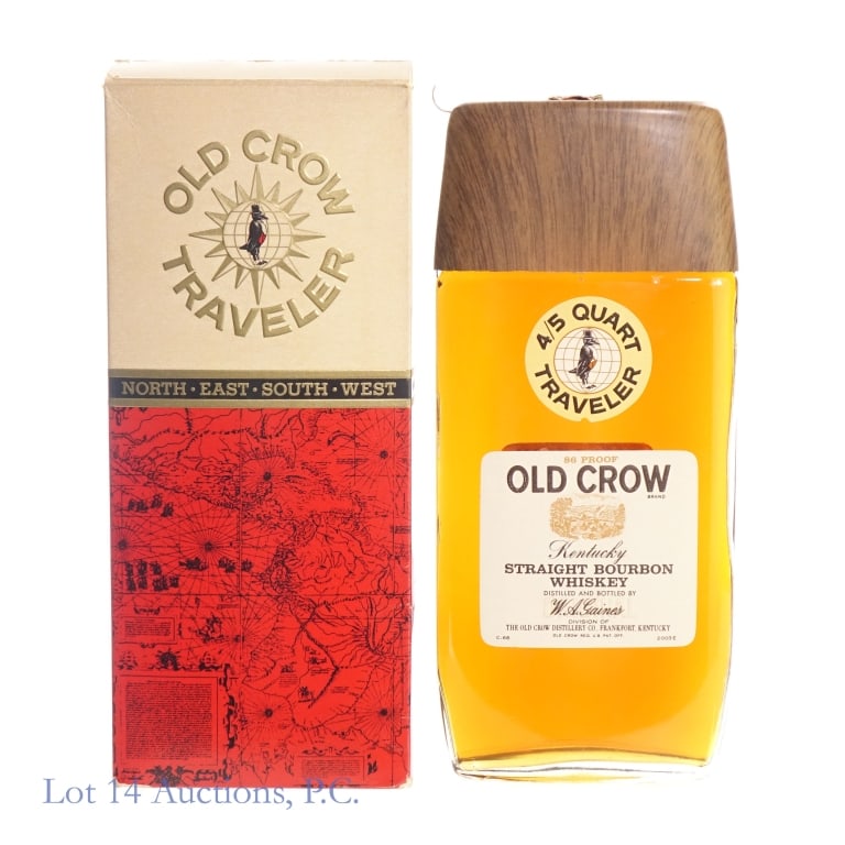 1960s Old Crow Traveler Fifth Bourbon: Old Crow 4 Year Traveler Fifth Bourbon, 86 Proof, 4/5 Quart, "67" glass molding. Original box included.