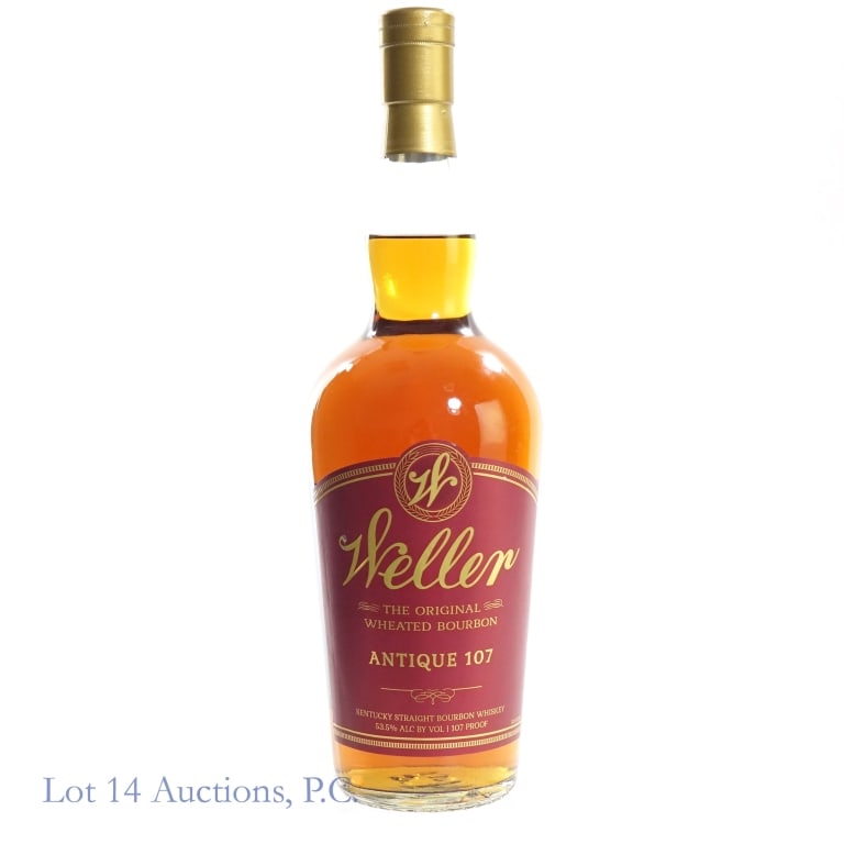Weller Antique 107 Bourbon (2024): Weller Antique 107 Bourbon (2024), 107 Proof, 750 ml, slight defect in bottom of glass, most like a manufacturing error, creating slight bubbling/ roughness to glass.