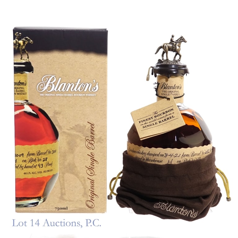 Blanton's Single Barrel Bourbon "B": Blanton's Single Barrel Bourbon, 93 Proof, 750 ml, Letter B, Dump Date: 08-04-21, Barrel #632, Bottle #201. Box and bag included.