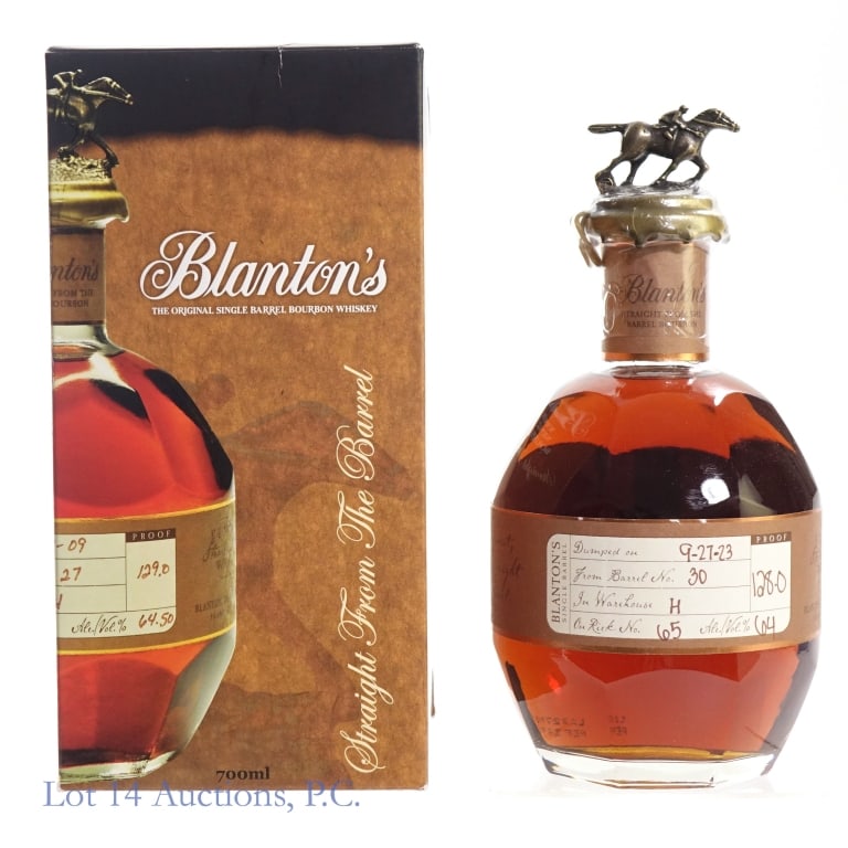 Blanton's Straight From The Barrel Bourbon "T": Blanton's Straight From The Barrel Bourbon, 128 Proof, 700 ml, Letter T, Dump Date: 09-27-23, Barrel #30., Bottle #118. Small hairline crack in wax seal. Box included.