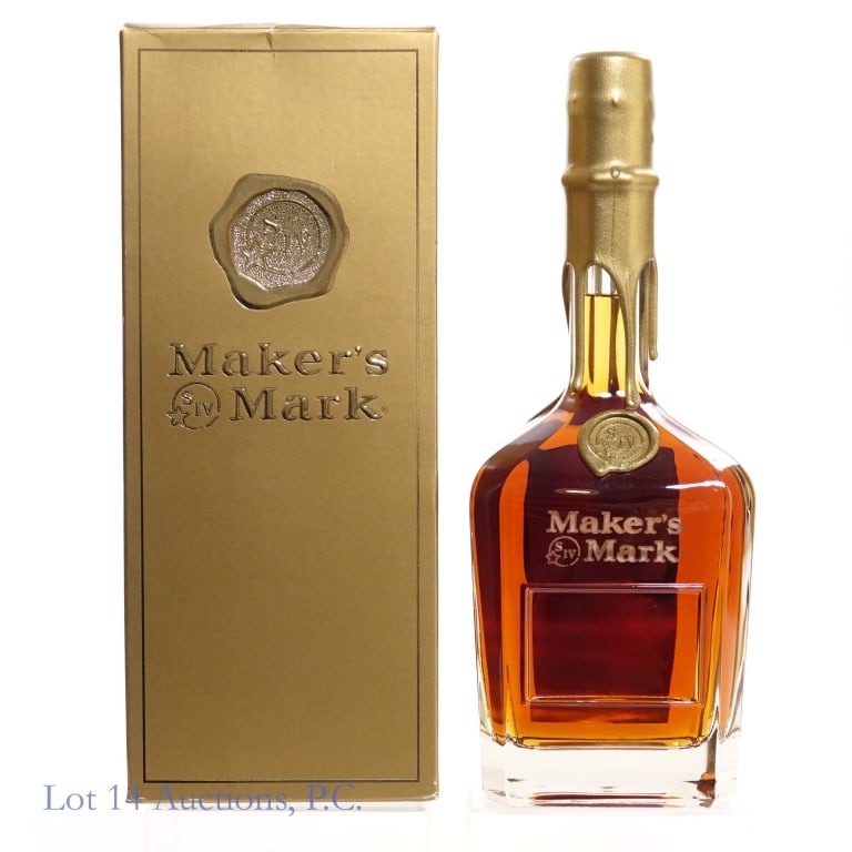 Maker's Mark Bourbon VIP Gold Bottle: Maker's Mark Bourbon, 90 Proof, 750 ml. Gold wax customized VIP bottle. Original box included, slight crease on lid of box but otherwise in fair condition. Please see photos for additional details.