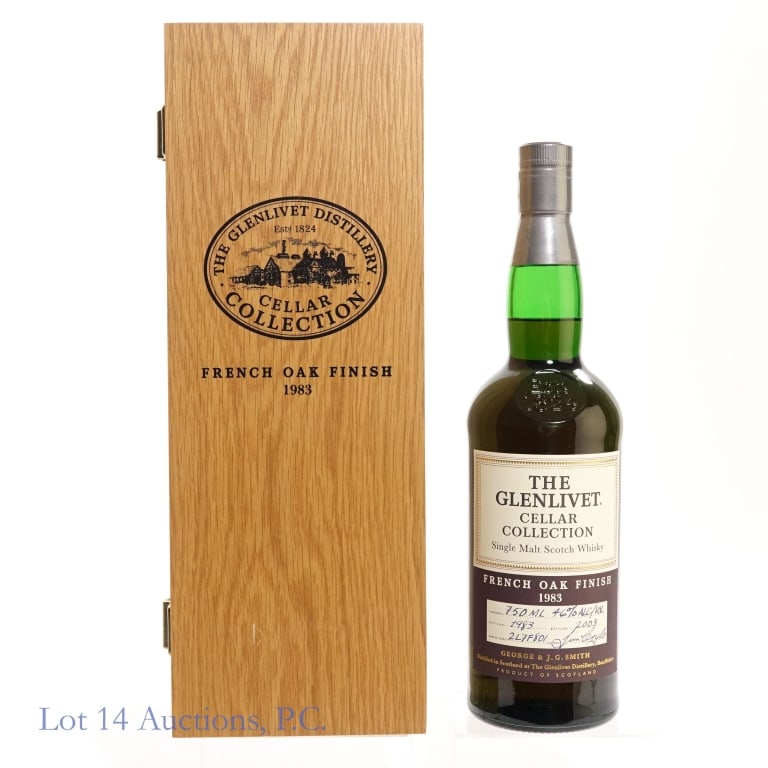 1983 Glenlivet Cellar Coll. French Oak SM Scotch: 1983 Glenlivet Cellar Collection Single Malt Scotch, 92 Proof, 750 ml, Distilled: 1983, Bottled: 2003, Aged: 20 Years. Finished in French oak. Sample Code: 2L7F801. Wooden case included.