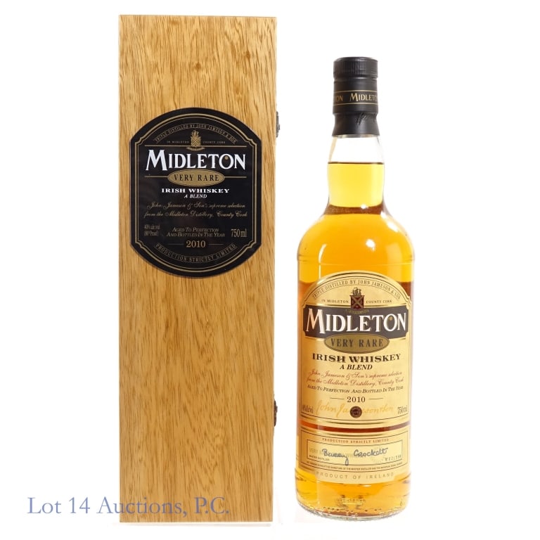Midleton Very Rare Blended Irish Whiskey (2010): Midleton Very Rare Blended Irish Whiskey (2010), 80 Proof, 750 ml, Bottled: 2010, Individual Serial Number: 021598. Original wooden case included.