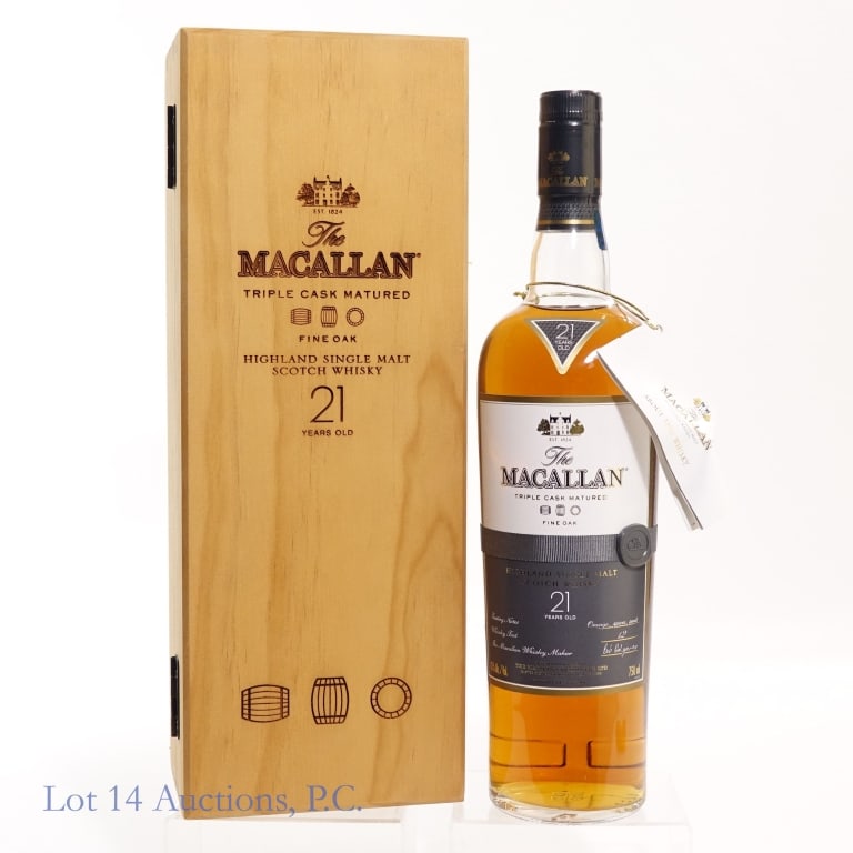 Macallan 21 Year Fine Oak Single Malt Scotch: Macallan 21 Year Fine Oak Single Malt Scotch, 86 Proof, 750 ml. Wooden case included.