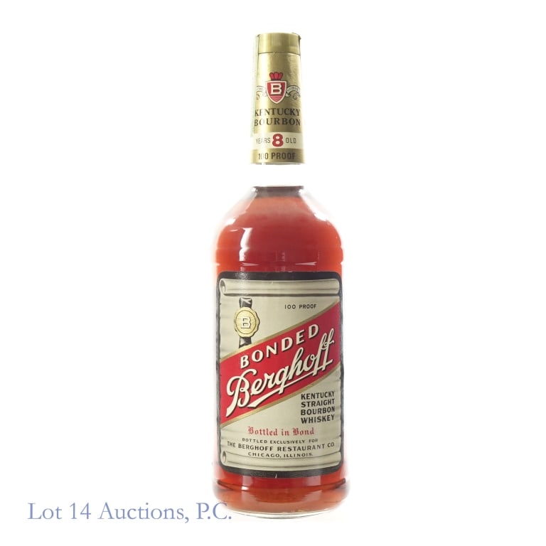 1977 Bonded Berghoff 8 Yr Bourbon (Stitzel-Weller): Bonded Berghoff 8 Year Bourbon, 100 Proof, 1 Quart, Bottled: Fall 1977, Made: Fall 1968, Stitzel-Weller distilled in Louisville, Kentucky. Distillery No. 16. Tax strip in good condition with little to