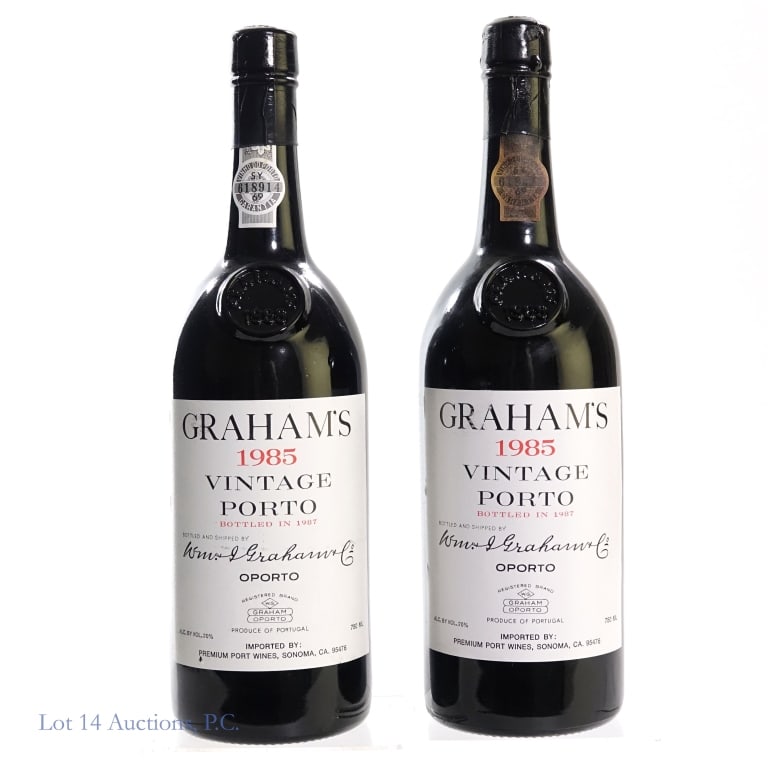 1985 Graham's Vintage Port (2): 2 bottles total in this lot. 1985 Graham's Vintage Port, 20% ABV, 750 ml, Vintage: 1985, Bottled: 1987 (x2). All wines were stored in cool cellar in original 12 bottle crate by owner. Wooden crate rem