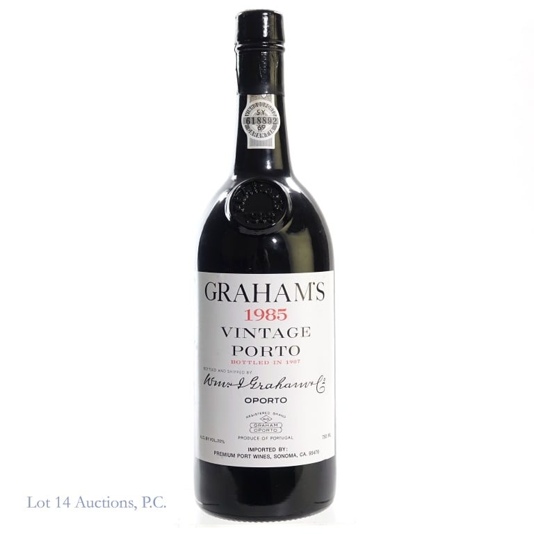 1985 Graham's Vintage Port: 1985 Graham's Vintage Port, 20% ABV, 750 ml, Vintage: 1985, Bottled: 1987. All wines were stored in cool cellar in original 12 bottle crate by owner. Wooden crate remained sealed until being received 