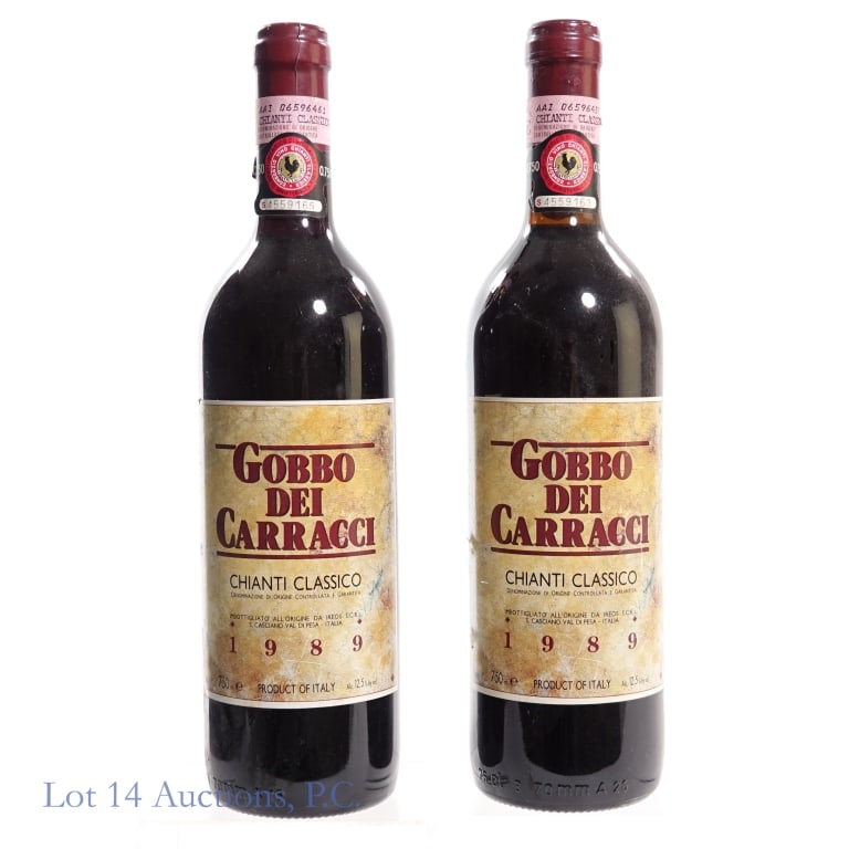 1989 Gobbo dei Carracci Chianti Classico (2): 2 bottles total in this lot. 1989 Gobbo dei Carracci Chianti Classico, 12.5% ABV, 750 ml, Vintage: 1989, Region: Florence, Italy (x2). Label commemorates the 17th Century Italian painter Pietro Paolo 