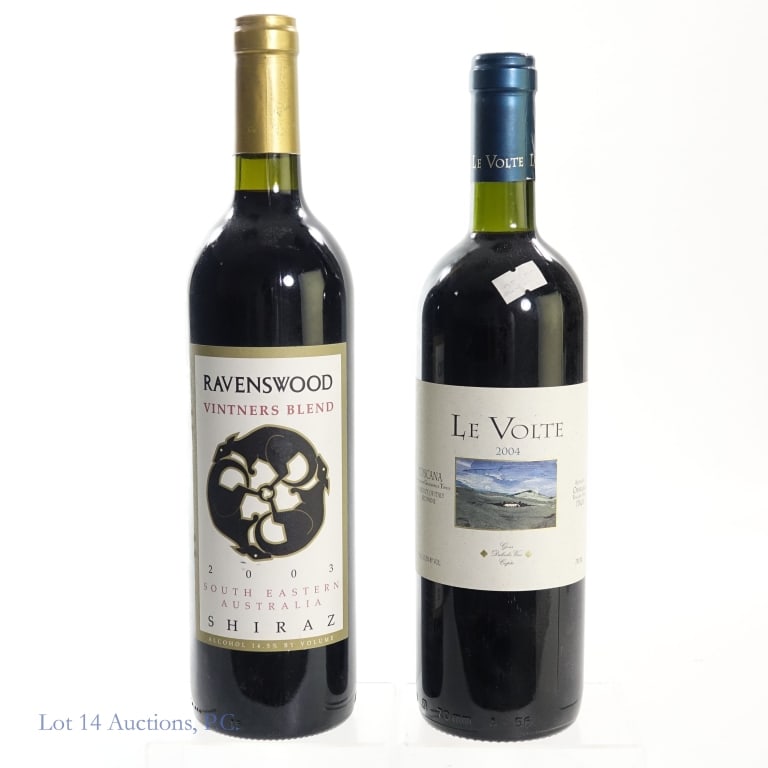2003 Ravenswood Shiraz & 2004 Le Volte Toscana (2): 2 bottles total in this lot. 1-2003 Ravenswood Vintners Blend South Eastern Australia Shiraz, 14.5% ABV, 750 ml, Vintage: 2003, Region: South Eastern Australia. 2-2004 Le Volte Toscana Indicazione Geo