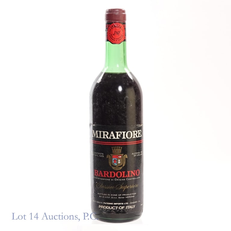NV Mirafiore Bardolino DOC: Mirafiore Bardolino Denominazione di Origine Controllata DOC, 12% ABV, 1 Pint, 8 oz. High shoulder fill. Vintage: N/V, Region: Verona, Italy.