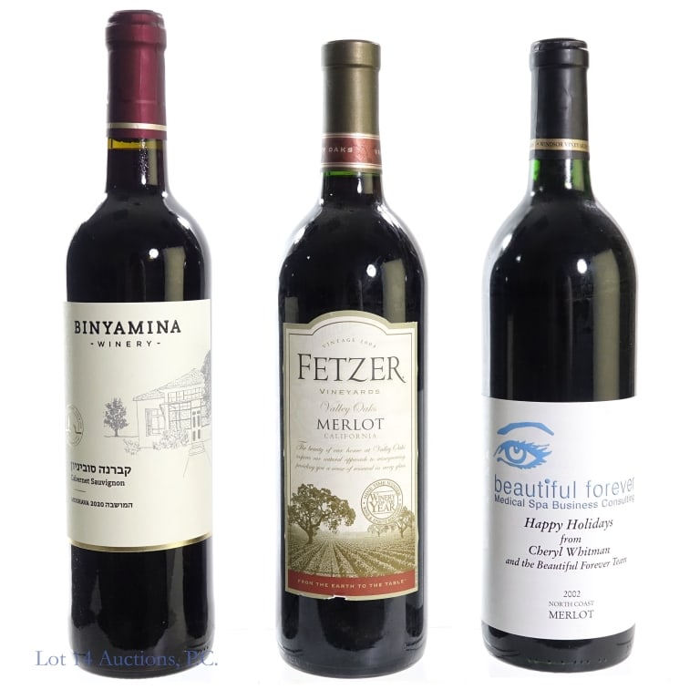 Fetzer Merlot, Binyamina Cab & Holiday Merlot (3): 3 bottles total in this lot. 1-2020 Binyamina Winery Cabernet Sauvignon, 14% ABV, 750 ml, Vintage: 2020. 2-2004 Fetzer Vineyards Valley Oaks Merlot, 13.5% ABV, 750 ml, Vintage: 2004, Region: Mendocino