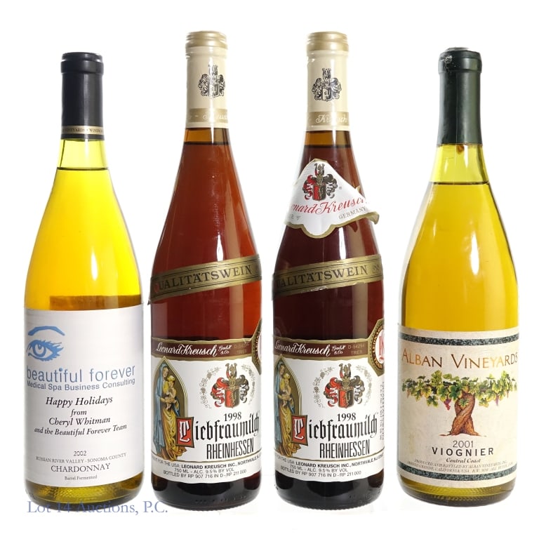 Alban Viognier, Leonard Kreusch & Chardonnay (4): 4 bottles total in this lot. 1-1998 Leonard Kreusch Liebfraumilch White Wine, 9.5% ABV, 750 ml, Vintage: 1998, Region: Rheinhessen, Germany (x2). 2-2001 Alban Vineyards Central Coast Viognier, 15.8% A