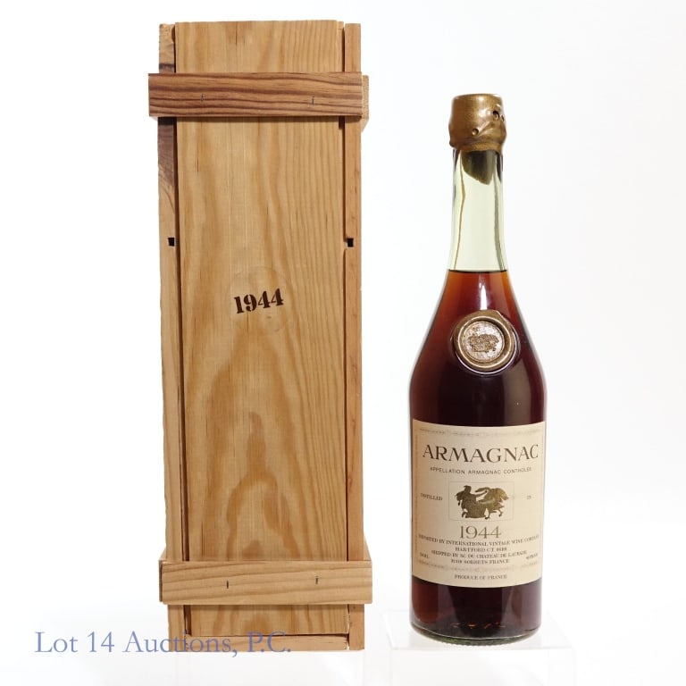 1944 Chateau de Laubade Armagnac: 1944 Chateau de Laubade Armagnac, 80 Proof, 750 ml, Distilled: 1944, Bottled: February 1985. Wooden case included.
