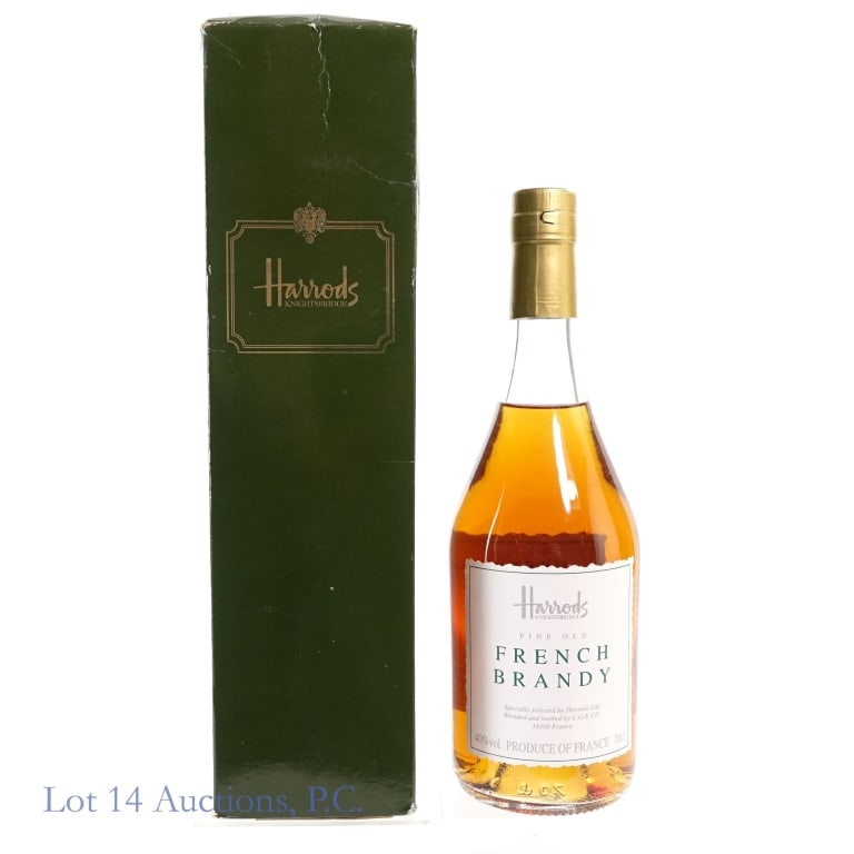 Harrods Fine Old French Brandy: Harrods Fine Old French Brandy, 80 Proof, 700 ml. Box included, badly worn and fragile but intact.