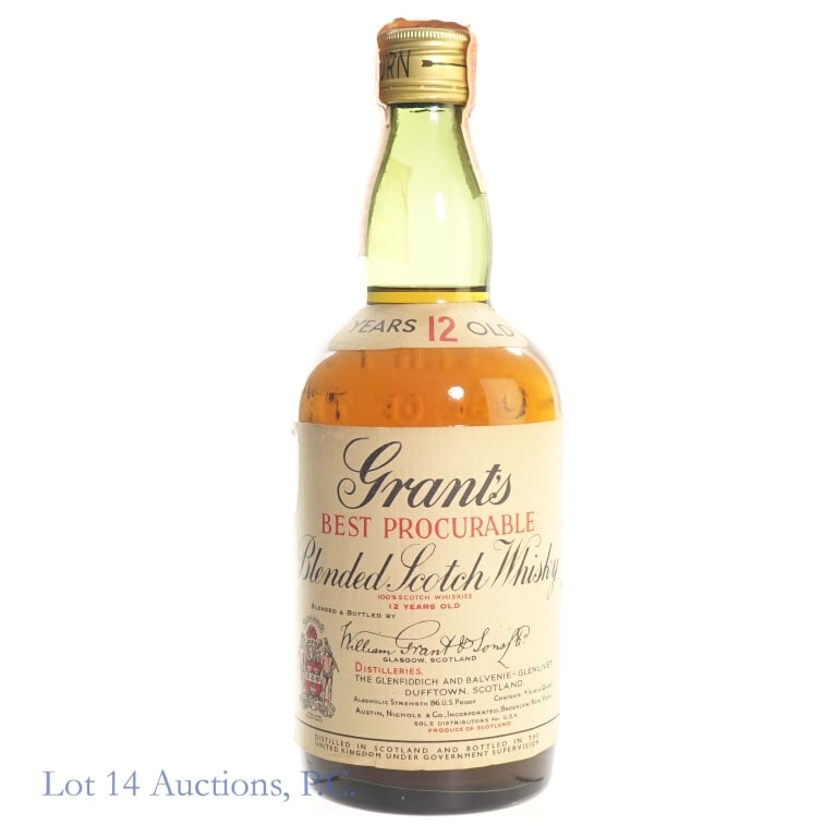 40s/50s Grant's 12 Year "Best Procurable" Scotch: Grant's 12 Year "Best Procurable" Blended Scotch, 86 Proof, 4/5 Quart, early 1940s-1950s bottling. Tax strip torn in multiple places and slightly loose but intact overall.