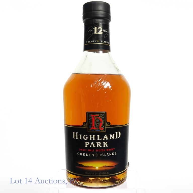 Highland Park 12 Year Orkney Islands SM Scotch: Highland Park 12 Year Orkney Islands Single Malt Scotch, 86 Proof, 750 ml, slight peeling on bottom corner of front label.